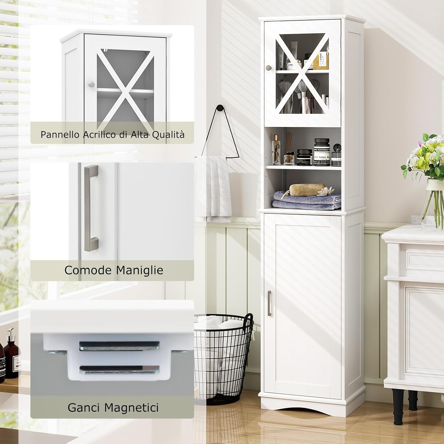 Mobile Bagno 40 x 30 x 170,5cm, Armadietto a Colonna Stretto e Alto con 5 Ripiani Regolabili e 2 Porte, Armadio da Terra in Legno per Soggiorno, Camera da Letto, Salotto e Cucina (Bianco)