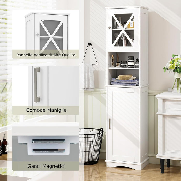 Mobile Bagno 40 x 30 x 170,5cm, Armadietto a Colonna Stretto e Alto con 5 Ripiani Regolabili e 2 Porte, Armadio da Terra in Legno per Soggiorno, Camera da Letto, Salotto e Cucina (Bianco)
