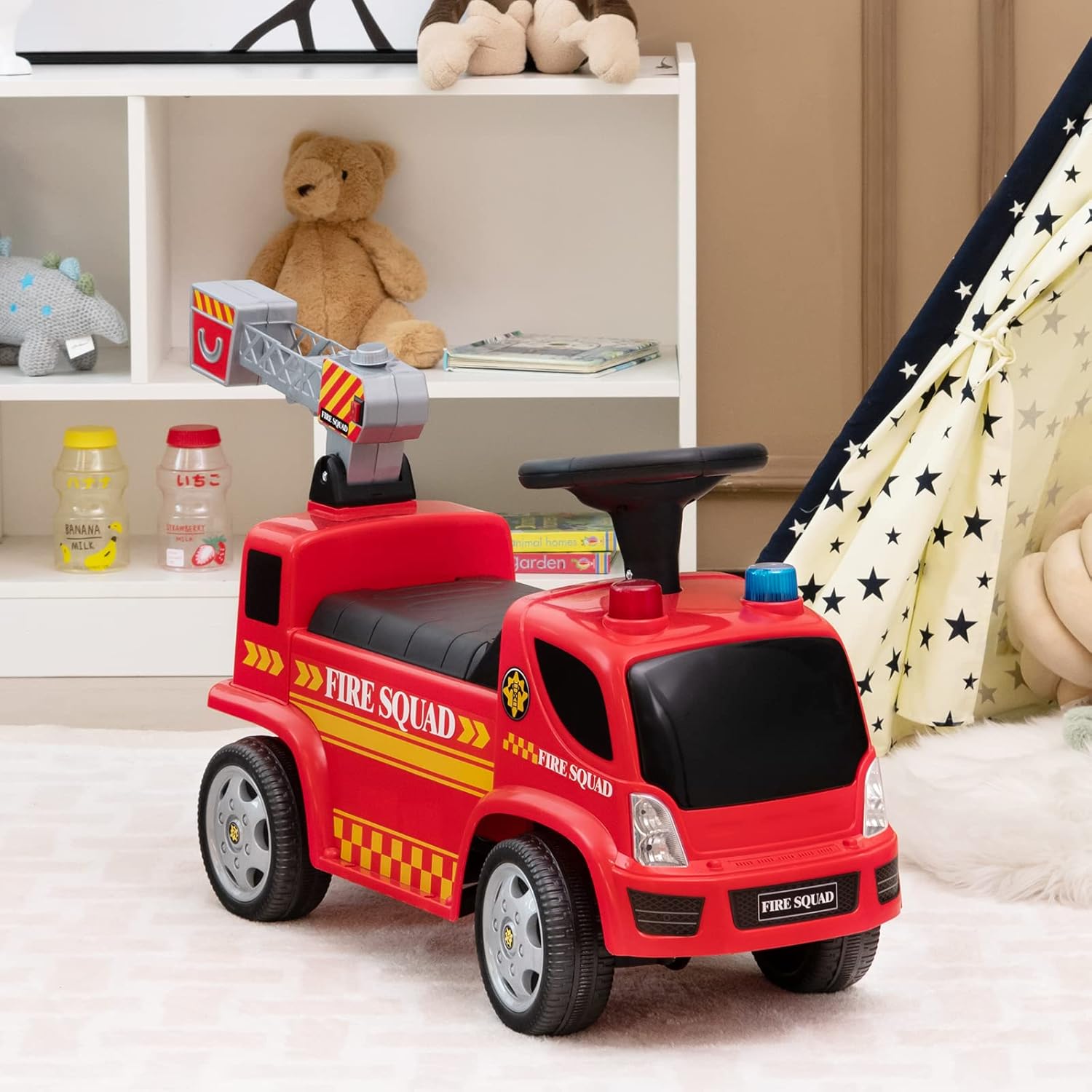Camion dei Pompieri per Bambini, con Macchina a Bolle Fari Allarme e Musica, Macchinina Cavalcabile a Spinta per Bambini 18-36 Mesi (Rosso,2)