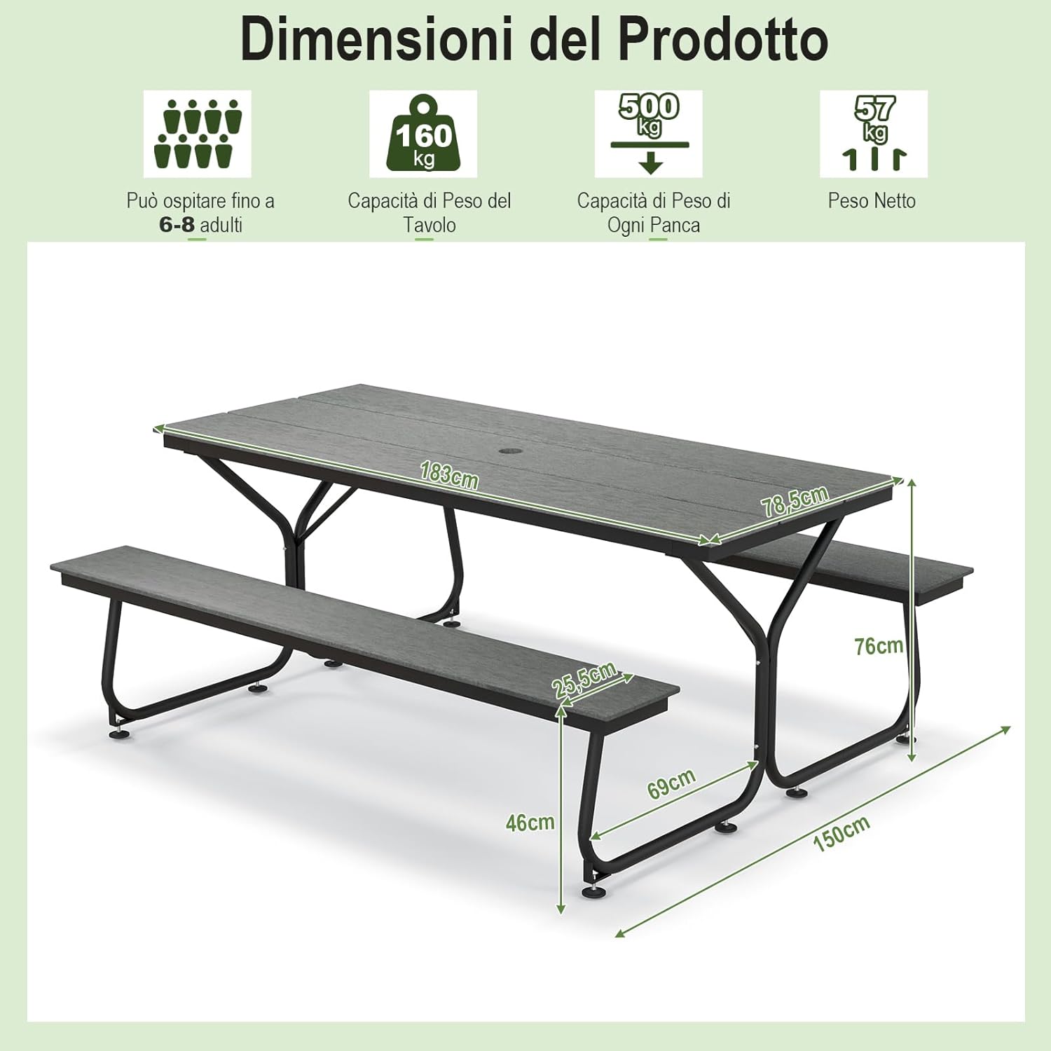 Tavolo con Panche da Esterno, Tavolo da Pranzo 183 CM con 2 Panche per 8 Persone, Tavolo da Picnic in Metallo e HDPE con Foro per Ombrellone, per Giardino Terrazzo (Grigio)