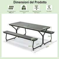 Tavolo con Panche da Esterno, Tavolo da Pranzo 183 CM con 2 Panche per 8 Persone, Tavolo da Picnic in Metallo e HDPE con Foro per Ombrellone, per Giardino Terrazzo (Grigio)
