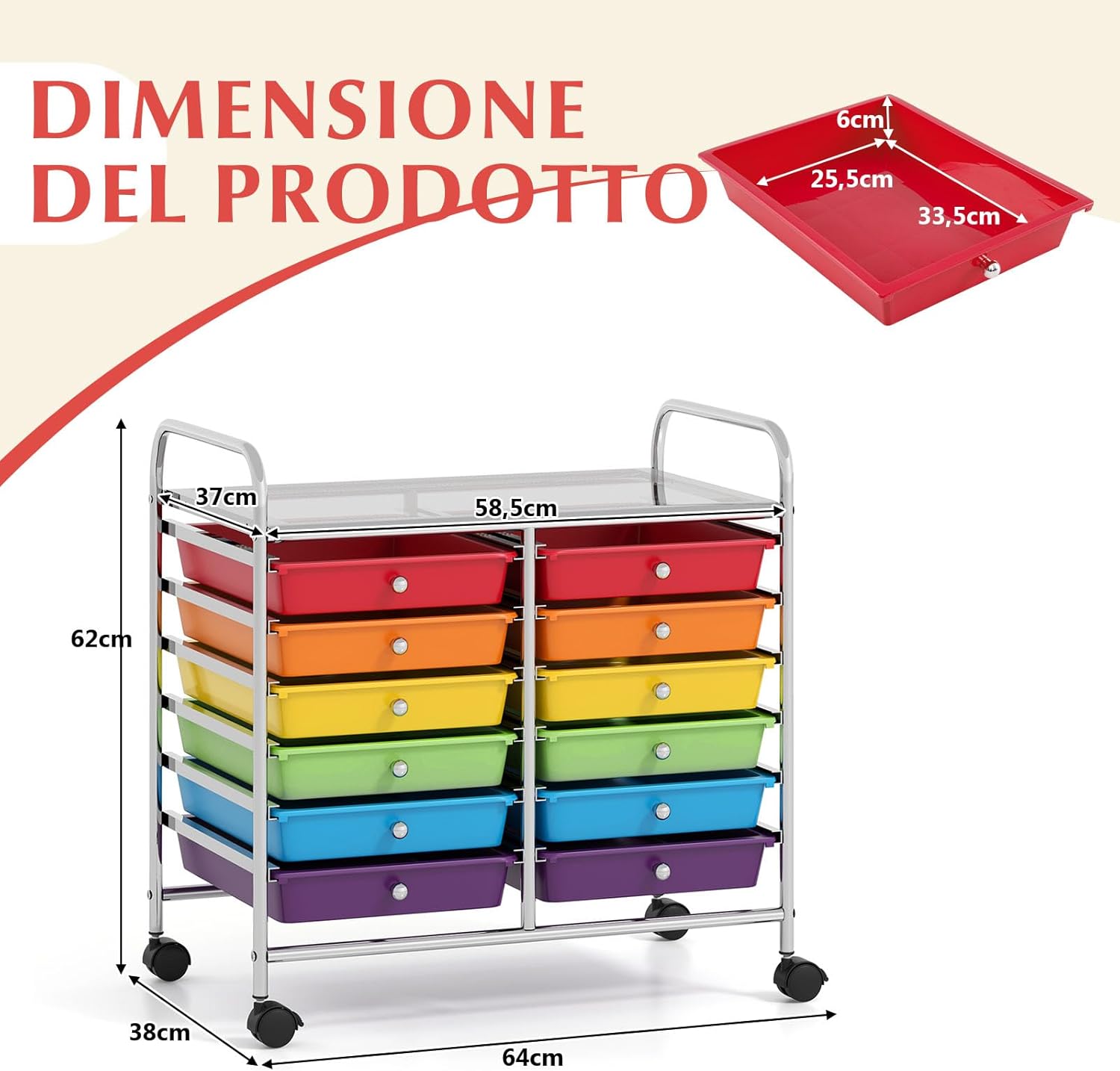 Carrello di Stoccaggio con 12 Cassetti, Carrello portaoggetti con 4 Ruote, Carrello Multiuso per Scuola Ufficio Cucina, 64 x 38 x 62 cm (12 cassetti Colorato)