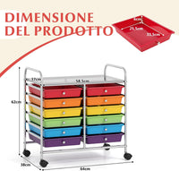 Carrello di Stoccaggio con 12 Cassetti, Carrello portaoggetti con 4 Ruote, Carrello Multiuso per Scuola Ufficio Cucina, 64 x 38 x 62 cm (12 cassetti Colorato)