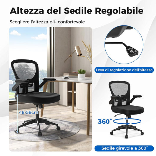 Sedia da Ufficio con Ruote, Sedia da Ufficio con Schienale Schienale Regolabile 90° a 120°, Sedia da Scrivania Regolabile in Altezza, con Braccioli Ribaltabili, Portata 150 kg