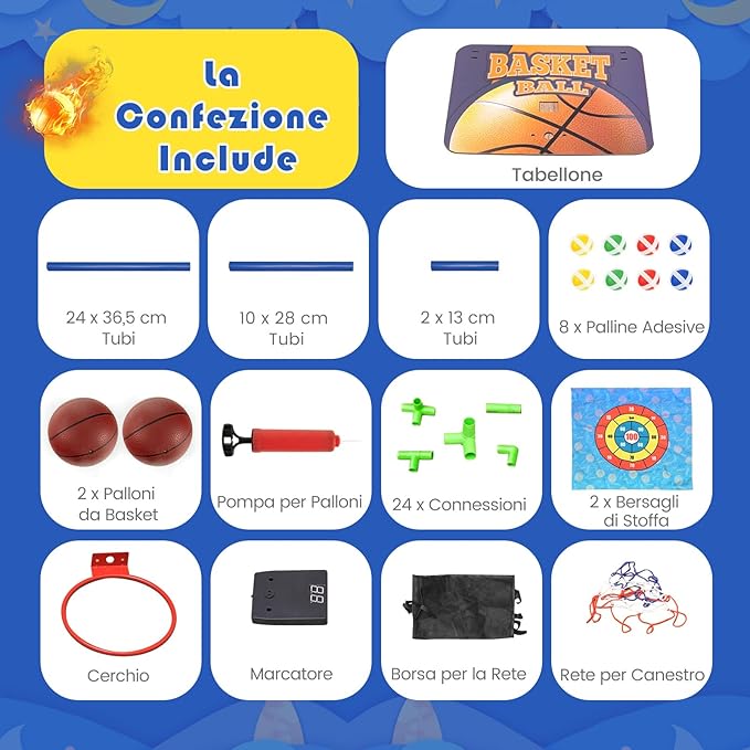 Macchina da Pallacanestro per Bambini, Set Giochi 2-in-1 da Interno ed Esterno per Basket e Palline Attaccanti con Segnapunti Elettronico ed Effetti Sonori, Regalo per Bambini e Bambine 3+