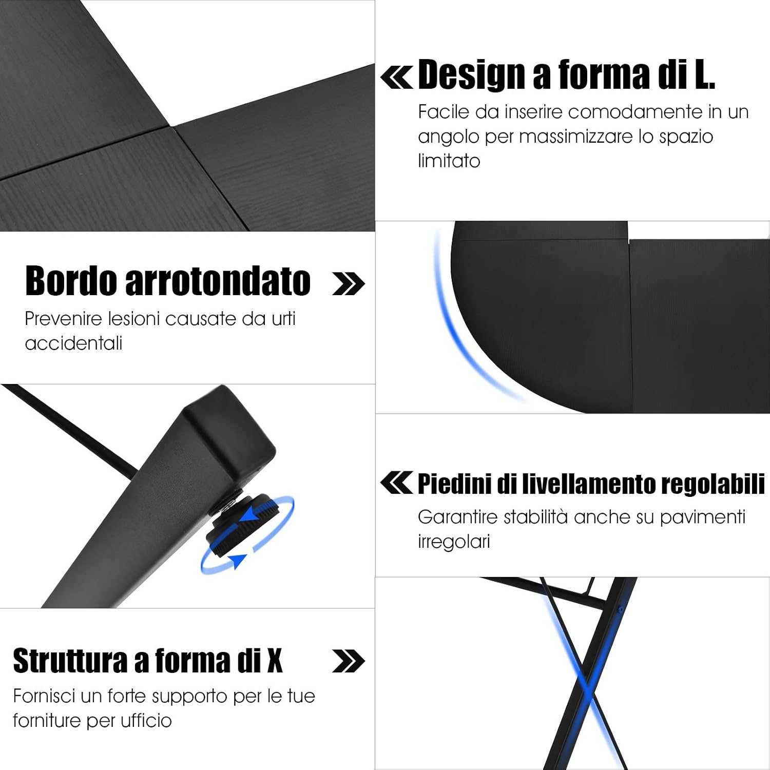 Scrivania per Computer ad Angolo, Scrivania L Angolare per Studio e Ufficio, Tavolo da Lavoro Multifunzione, 150x150x76cm (Nero)