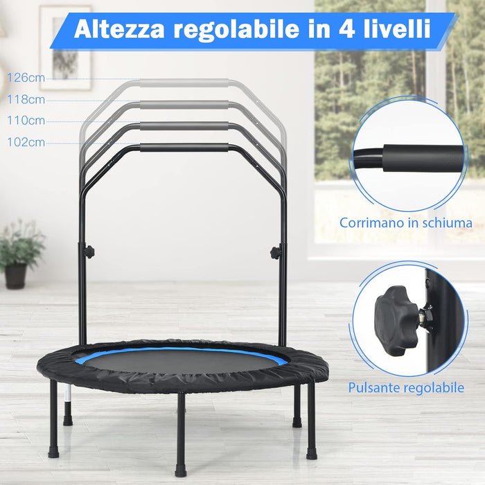 Mini Trampolino Pieghevole 101cm, Trampolino Fitness per Adulti e Bambini,con Maniglia Altezza Regolabile, Capacità di Carico 150 kg