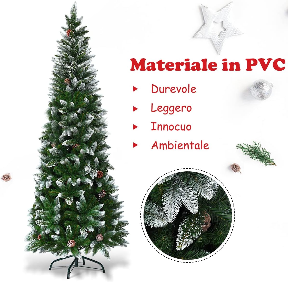 Albero di Natale Innevato 180/220 cm, Albero di Natale Slim con Pigne, Base di Metallo e Rami Rigogliosi in PVC, Albero di Natale per Casa, Ufficio e Negozio (220 cm)