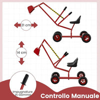 Escavatore Giocattolo, Ruspa Cavalcabile per Bambini con Comandi a 2 Mani e Pala Flessibile, Sedile Rotante 360°, 4 Ruote, per Bambini 3 Anni+ (con Ruote Rosso)