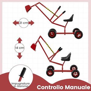 Escavatore Giocattolo, Ruspa Cavalcabile per Bambini con Comandi a 2 Mani e Pala Flessibile, Sedile Rotante 360°, 4 Ruote, per Bambini 3 Anni+ (con Ruote Rosso)