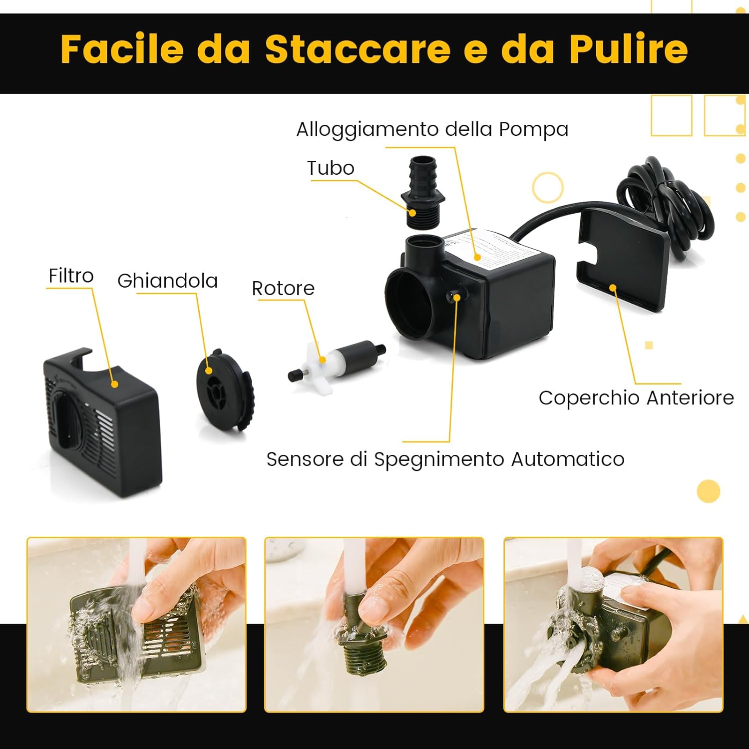 Pompa Sommergibile da 900L/H (22W)/1450L/H (30W), Pompa per Fontane con Sollevamento di 2,2/2,5 Metri, Cavo di Alimentazione da 1,83 Metri e 3 Ugelli per Acquari Idroponica Laghetto (1450L/H)