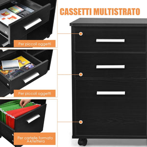 Schedario a 3 Cassetti, Supporto per Stampante con 5 Ruote e Ripiani Aperti Regolabili, Armadietto Multifunzionale per Casa e Ufficio, 81 x 41 x 66 cm (Nero)