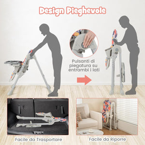 Seggiolone Pappa Pieghevole per Bambini, Seggiolone Portabile con Schienale e Altezza Regolabili, con Ruote, per Bambini 6-36 Mesi, Grigio (Viola)