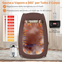 Sauna a Vapore Portatile 3L, Sauna da Casa con 9 Livelli di Regolazione della Temperatura da 40-65℃, Telecomando, Sedia Pieghevole e Massaggiatore per Piedi in Legno (caffè)