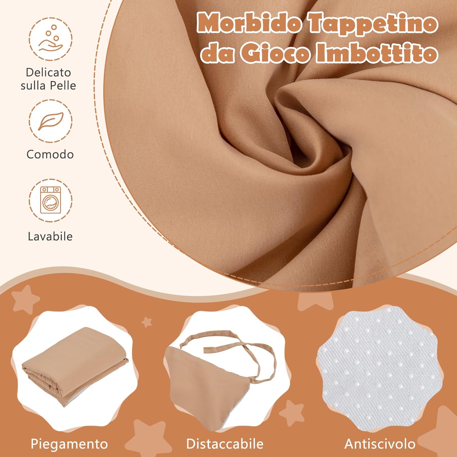 Tenda da Gioco per Bambini, Tenda per Bambini con Finestre Tappetino Lavabile in Cotone e Bandiera, Castello da Gioco per Bambini 3 Anni + (Marrone chiaro)