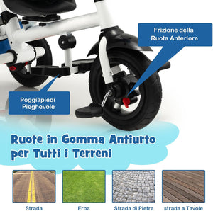 Triciclo per Bambini, Triciclo Pieghevole con Sedile Reversibile, Cappottina e Maniglia Regolabile, Ringhiera Rimovibile, Poggiapiedi Pieghevole, Passeggino Multifunzionale per 1-5 Anni(Blu)
