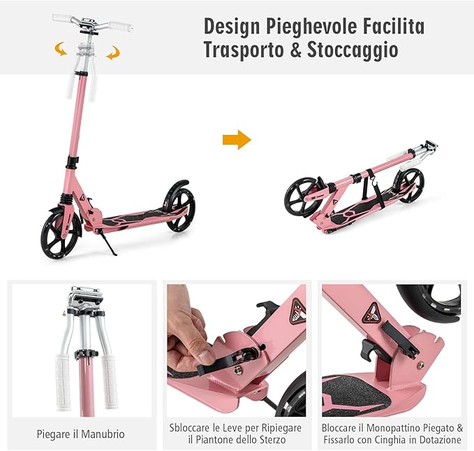 Scooter Monopattino a Spinta per Bambini Pieghevole e Regolabile in Altezza (91-106 cm), con Ruote Luminose e Cavalletto, Carico Massimo 100kg