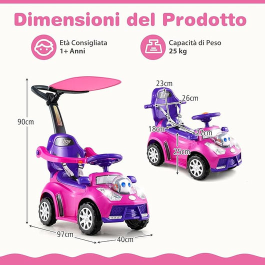 3 in 1 Auto a Spinta, Macchinina da Passeggio con Clacson, Musica, Luci, Cintura di Sicurezza, Tettuccio e Manico, Macchina Cavalcabile per Bambini 1+ Anni (Rosa)