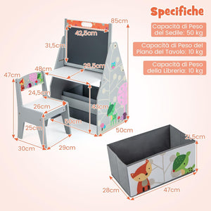Cavalletto per Bambini Doppio Lato, Set Tavolo e Sedia per Bambini con Lavagna Magnetica e Lavagna Bianca, Contenitore in Tessuto e Libreria(Grigio)