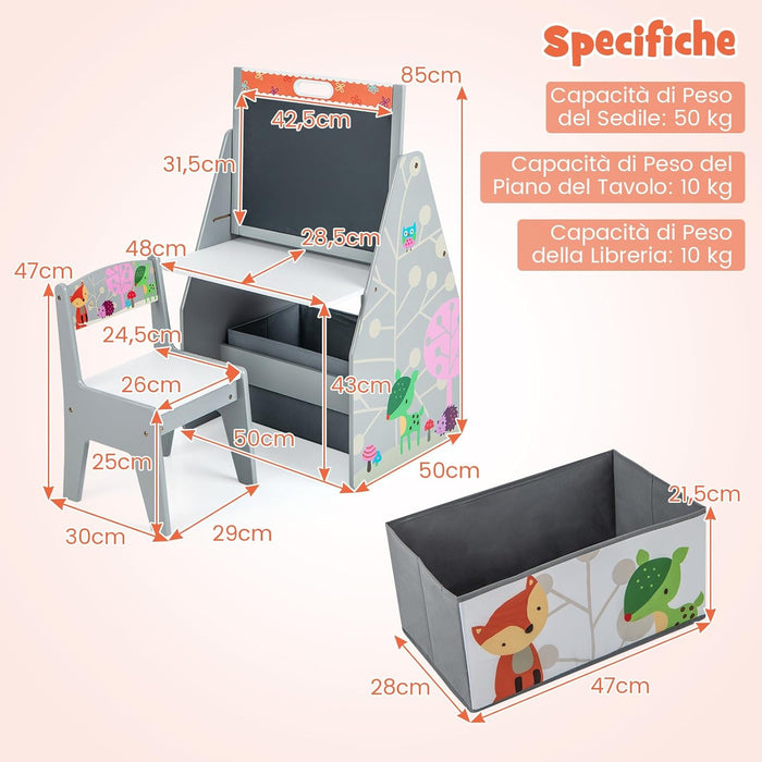 Cavalletto per Bambini Doppio Lato, Set Tavolo e Sedia per Bambini con Lavagna Magnetica e Lavagna Bianca, Contenitore in Tessuto e Libreria(Grigio)
