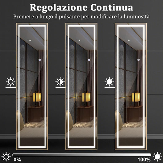 Specchio a Figura Intera con Luci LED, Specchio da Parete con Cornice in Alluminio, Luminosità Regolabile e 3 Colori di Illuminazione, per Camera da Letto Spogliatoio, 37x38x155 cm