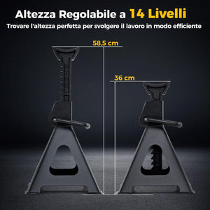 Coppia di Cavalletti per Auto con Portata di 6 Tonnellate, Cavalletti Auto Treppiedi a Cremagliera Altezza di Sollevamento 360-585 mm, Cavalletti Supporto Solleva Auto, Nero