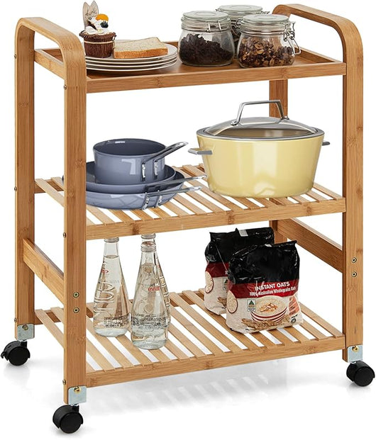 Carrello da Cucina di Bambù, Scaffale da Cucina con 3 Livelli e Ruote Staccabili, Ideale per Casa Ristorante Bar, 58x33x76 cm