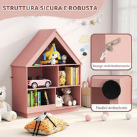 Libreria per Bambini a Forma di Casa, Scaffale in Legno con 5 Cubi per Giocattoli, Organizer di Stoccaggio Antiribaltamento, Scaffale Aperto a 3 Livelli, 88x34x108 cm (Rosa)