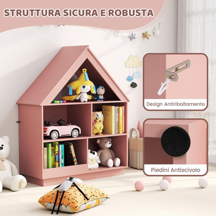 Libreria per Bambini a Forma di Casa, Scaffale in Legno con 5 Cubi per Giocattoli, Organizer di Stoccaggio Antiribaltamento, Scaffale Aperto a 3 Livelli, 88x34x108 cm (Rosa)