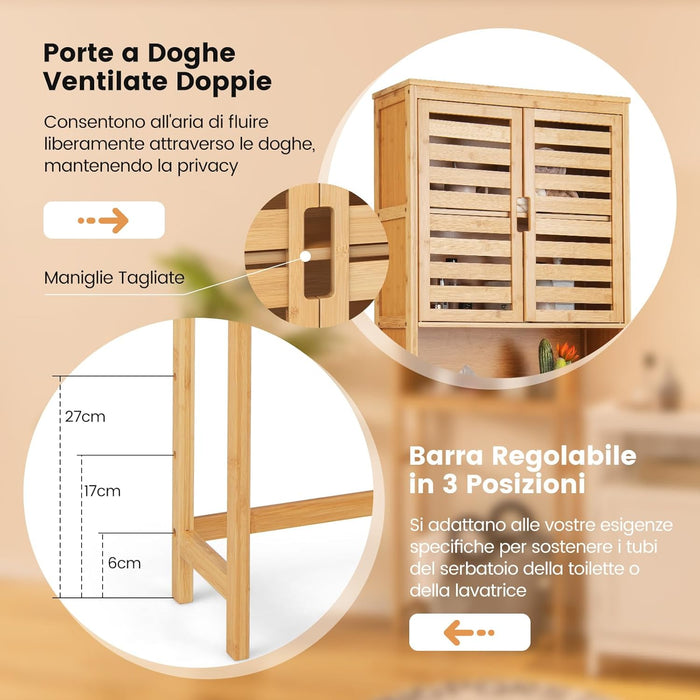 Scaffale Bagno in Bambù 170cm sopra WC, Mobile Bagno Salvaspazio con 2 Porte e Mensola Aoerta, Organizzatore sopra Gabinetto per Lavanderia, Naturale