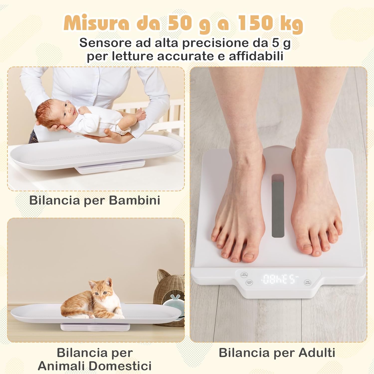 Bilancia Intelligente per Bambini, Bilancia Multifunzione con Vassoio Rimovibile, Bilancia con Bluetooth, 5 Unità e Schermo LED, Funzione Hold e Tara, LED, per Neonati Bambini
