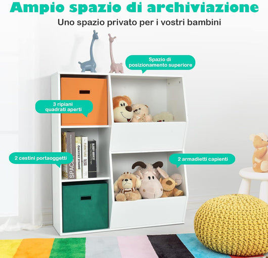 Armadietto Porta Giochi per Bambini, Organizer Giocattoli con 2 Cestini Extra, Libreria Multifunzionale per Libri Giocattoli Bambole, 76x28x94 cm, Bianco