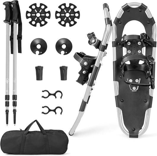Ciaspole da Neve 4 in 1 per Uomini, Donne e Ragazzi per Scarpe 35-45 in Alluminio con Sistema di Perno Flessibile Doppio, Bastoncini Regolabili e Borsa, Adatte per 30-130 kg