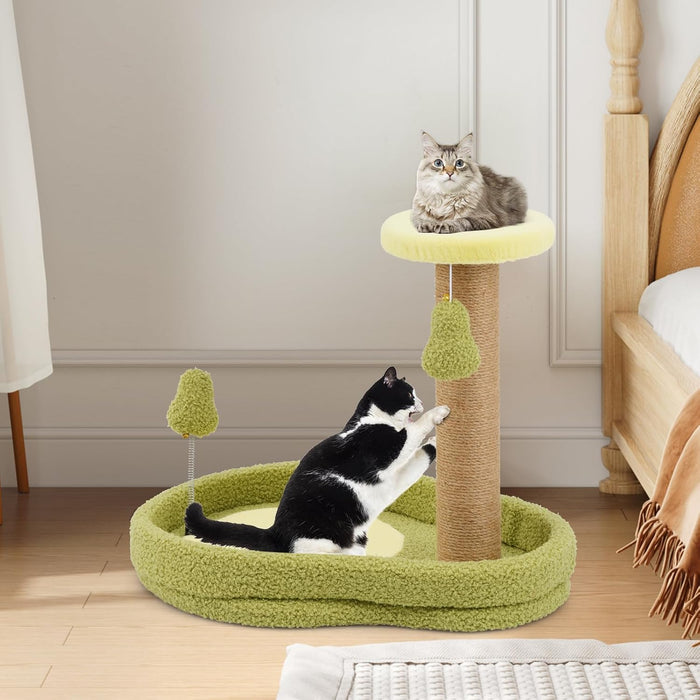 Tiragraffi per Gatto Alto 40 cm con Lettino Stile Avocado, Albero Tiragraffi Gatti con Palo a Corda in Juta, Piattaforma e 2 Pompon, Cuccia Albero Gatto Rivestito in Peluche, Verde