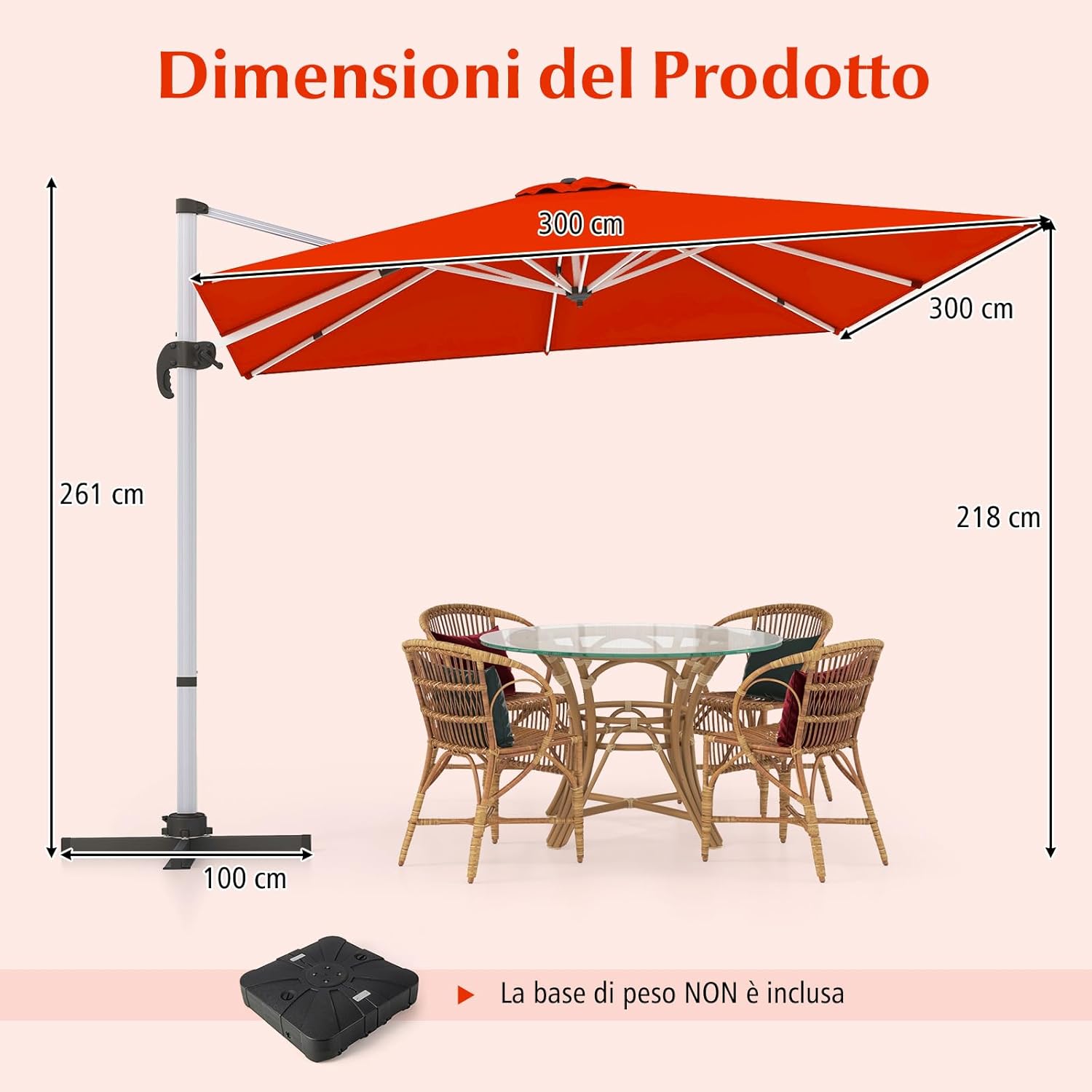 Ombrellone da Giardino, con Base Incrociata, Ombrellone Quadrato da Esterno con Palo in Alluminio e Girevole a 360°, Manovella e Inclinazione Regolabile, 300 x 300 cm (Arancione)