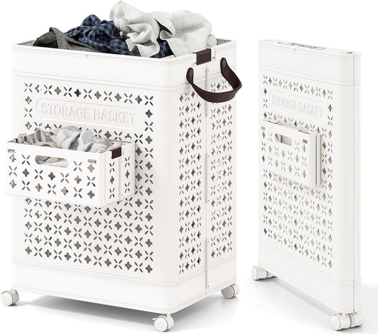 Cesto Portabiancheria Grande 75 L, Cesto in Plastica 43,5 x 34 x 61 cm con 4 Ruote e Cestino per Biancheria Intima e Maniglie, Borsa da Bucato, Bianco