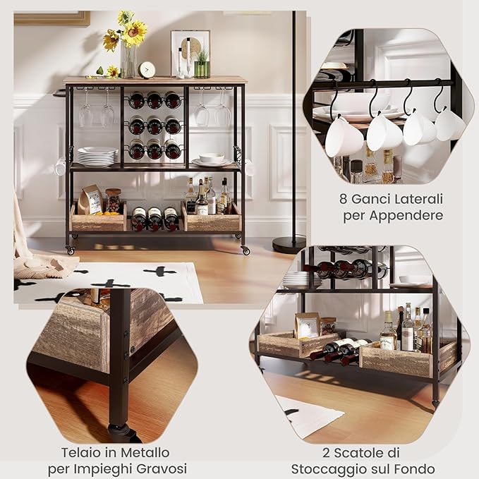 Carrello Bar a 3 Livelli, Carrello Portabevande con Portabicchieri, Portabottiglie, 8 Ganci e 2 Scatole Portaoggetti, Carrello di Vino per Cucina, Sala da Pranzo e Soggiorno