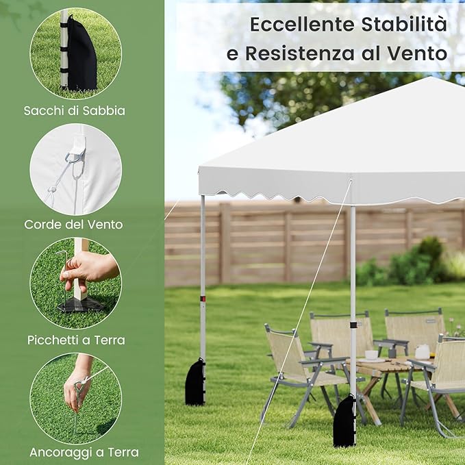 Gazebo Pop-up da Esterno 3 x 3 m, Gazebo Pieghevole con Borsa con Ruote, 8 Picchetti, 4 Ancore, 4 Corde Antivento, 4 Sacchi di Sabbia, Tendone Impermeabile per Eventi Commerciali (Bianco)