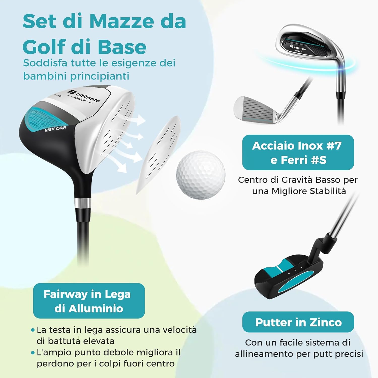 Set di Mazze da Golf per Bambini 5-7 Anni, Set Allenamento Golf con Sacca, Fodera Impermeabile, Legno di Fairway 3, Ferro 7, Ferro S e Putter per Bambini e Bambine, Destrorso