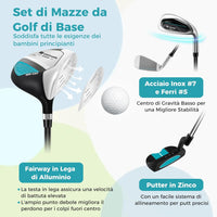Set di Mazze da Golf per Bambini 5-7 Anni, Set Allenamento Golf con Sacca, Fodera Impermeabile, Legno di Fairway 3, Ferro 7, Ferro S e Putter per Bambini e Bambine, Destrorso