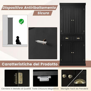 Credenza Alta Cucina, Armadietto Dispensa da Cucina con Portabottiglie, Ripiani Regolabili e 3 Cassetti, per Soggiorno, Cucina e Sala da Pranzo, 106,5 x 42 x 184 cm (Nero)