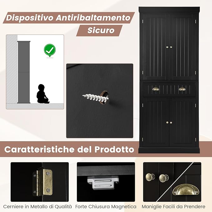 Credenza Alta Cucina, Armadietto Dispensa da Cucina con Portabottiglie, Ripiani Regolabili e 3 Cassetti, per Soggiorno, Cucina e Sala da Pranzo, 106,5 x 42 x 184 cm (Nero)