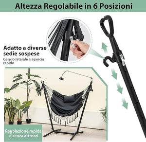 Sedia Amaca Sospesa con Supporto, Sedia Appesa Regolabile in Altezza con Supporto Porta Cellulare Cuscino e Tasca Laterale, Carico Massimo 250 kg