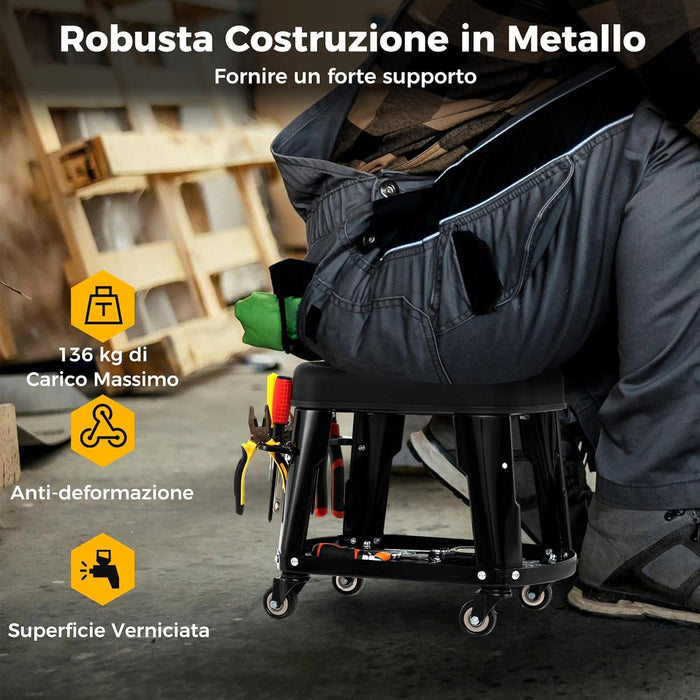 Sgabello da Officina con Ruote Universali e Vassoio Porta Attrezzi, Sgabello Meccanico con Maniglia Porta Utensili, Sedia da Garage con Sedile Rimovibile, Portata di 136 kg, 44 x 27 x 35 cm