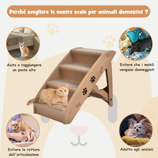 Scaletta Pieghevole per Animali, Scala di Plastica con 4 Gradini per Interno ed Esterno, con Feltro Morbido, Ideale per Animali di Piccola e Media Taglia, Capacità di Carico: 60 kg (Marrone)