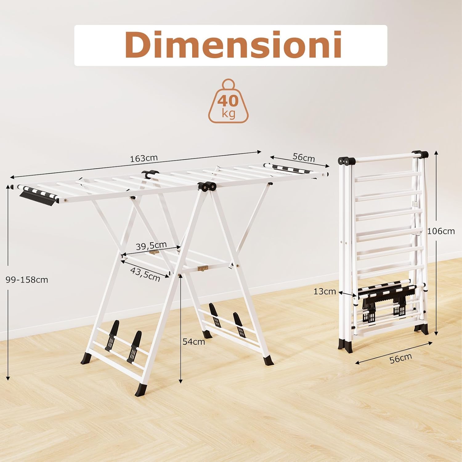 Stendibiancheria con 18 Barra, Stendino Pieghevole in Metallo con Ali Regolabili in Altezza, Clips per Calzini, Supporto per Abbigliamento Autoposante a Ali per Interno Esterno (Bianco)