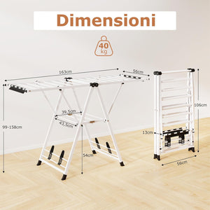 Stendibiancheria con 18 Barra, Stendino Pieghevole in Metallo con Ali Regolabili in Altezza, Clips per Calzini, Supporto per Abbigliamento Autoposante a Ali per Interno Esterno (Bianco)