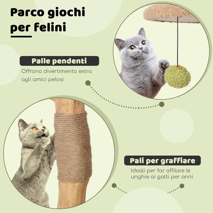 Albero per Gatti da 110 cm, Torre per Gatti in Legno con Cuccia Imbottita, Nicchia per Gatti, Tiragraffi, Piattaforma di Salto, Base Pesante e Palline Appese