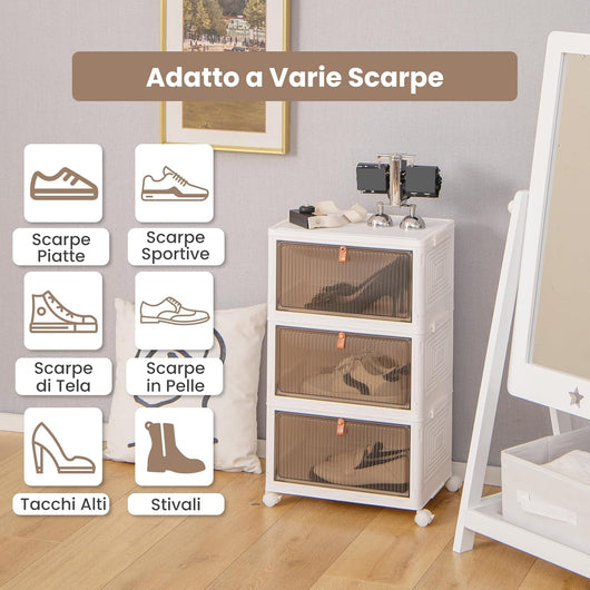 Scarpiera Pieghevole a 3/4/6 Piani, Mobile Multiuso Impilabile con Porte Trasparenti Magnetiche e Ruote Piroettanti Bloccabili, Contenitore con Coperchio per Cibi Giocattoli Abiti (3 Piani)