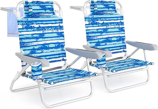 Set di 2 Sedie Pieghevole da Spiaggia, Lounge Sdraio con 5 Posizioni Regolabili, Poltrona da Mare con Cuscino, Porta Asciugamano, Braccioli & Portabicchieri, Portata 150 kg (Blu)